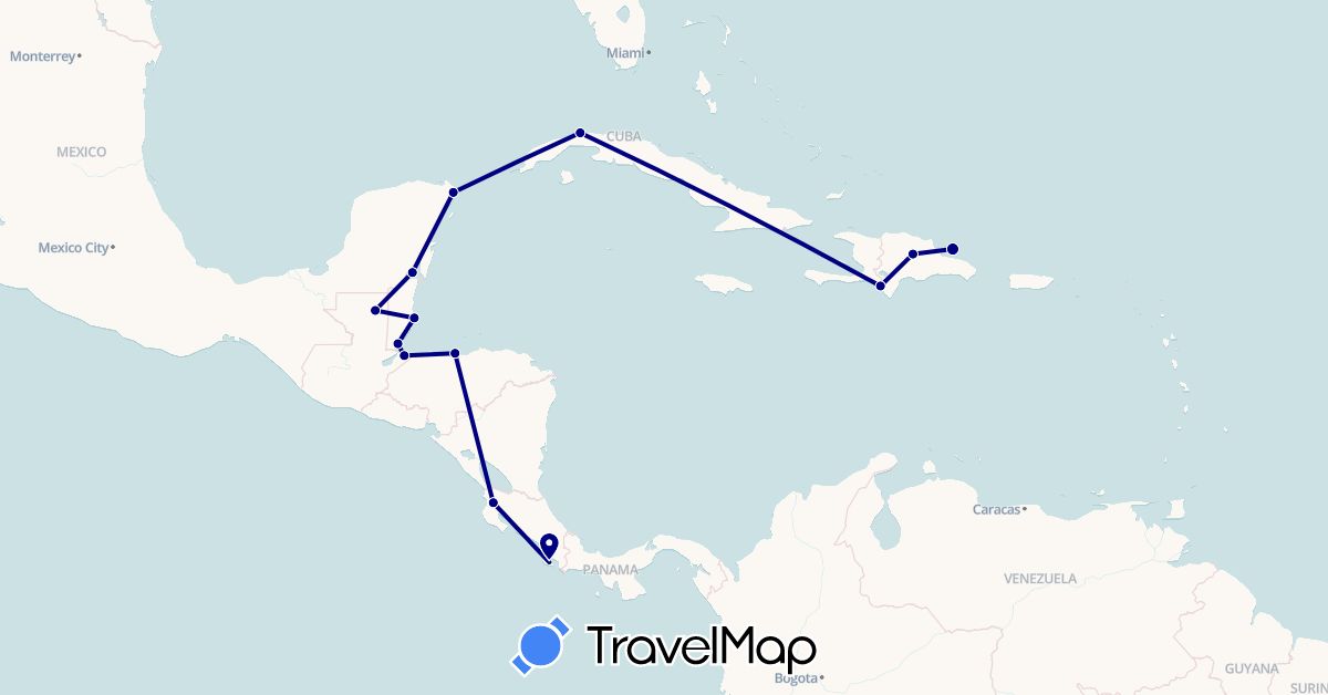 TravelMap itinerary: driving in Belize, Costa Rica, Cuba, Dominican Republic, Guatemala, Honduras, Haiti, Mexico (North America)
